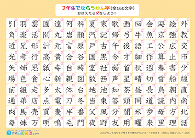 小学2年生の漢字一覧表（チェック表） オレンジ A4